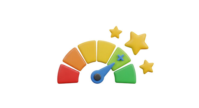 3 D gauge with colorful segments and yellow stars on black background meter speedometer