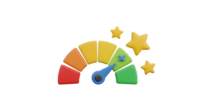 3 D gauge with colorful segments and yellow stars on black background meter speedometer
