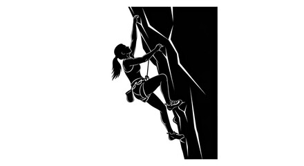 : Black Vector Silhouette of a Female Rock Climber Ascending a Steep Face
