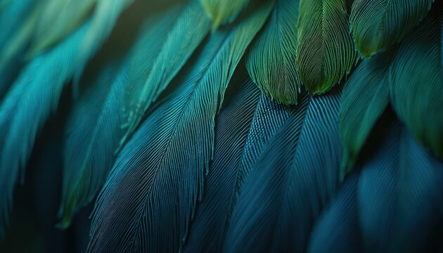 Close-up of vibrant blue and green bird feathers showing intricate details and soft texture. The layered plumage creates a beautiful natural pattern, ideal for backgrounds and design elements.