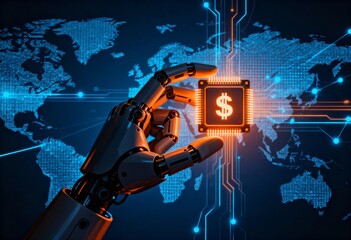 robotic hand holding digital dollar symbol for ai finance and global fintech