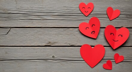 Red paper hearts on rustic wood background for valentine s day