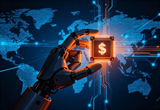 robotic hand holding digital dollar symbol for ai finance and global fintech