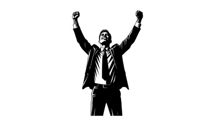 : Black Vector Silhouette of a Male Entrepreneur Celebrating a Successful Launch 