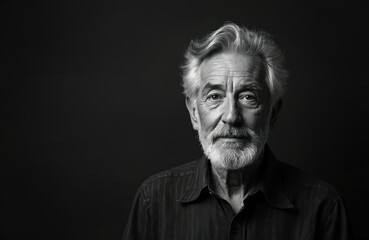 Obraz premium Close up bw studio portrait of senior man with beard. Elegant old man poses on plain black background. Elderly male with grey hair looks at camera calm.