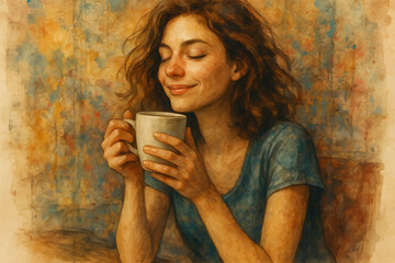 A random photo effect of a beautiful, dreamy woman enjoying every moment with her favorite coffee