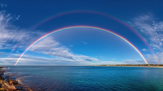 A stunning double rainbow stretches across a bright blue sky above calm ocean waters creating a magical scene.