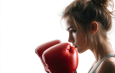 Young woman preparing for boxing with red gloves in a focused pose against a bright background