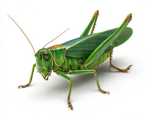Detailed close-up of a bright green grasshopper showcasing its vibrant colors and intricate textures
