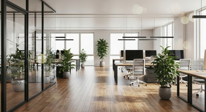 Modern office interior with glass partitions natural light and lush green plants creating a vibrant workspace