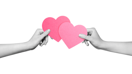 A modern collage: two hands connecting two hearts. Valentine's Day card.