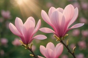 Naklejka premium Pink magnolia flowers blooming in a spring garden with soft golden sunbeams and bokeh background