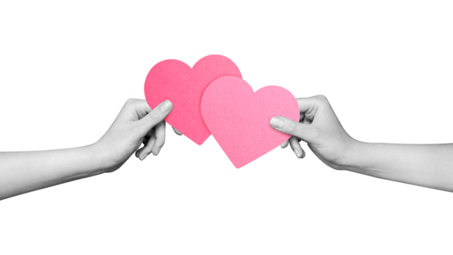 A modern collage: two hands connecting two hearts. Valentine's Day card.