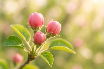 Delicate pink apple tree flower buds opening on a branch with new green leaves in soft spring light
