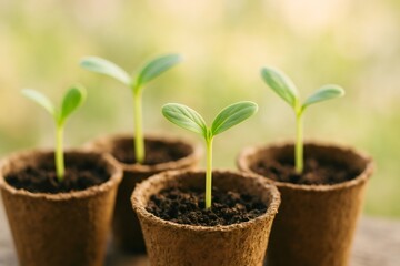 Young green seedlings growing in biodegradable pots, symbolizing new life, growth, and sustainable gardening