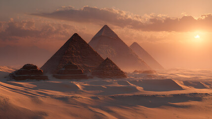 Ancient Echoes in the Desert: The iconic Giza pyramids rise majestically from the desert sands, bathed in the warm, ethereal glow of the setting sun, evoking a sense of history, mystery and awe.
