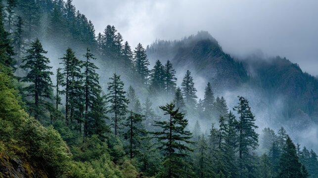Misty trees rise dramatically in the mountains as morning fog envelops the forest landscape.