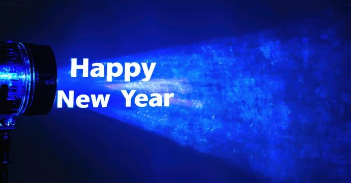 Bright blue light projects Happy New Year text. Dark background creates dramatic effect. Festive illumination, celebration visible. - Powered by Adobe
