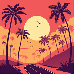 Tropical sunset landscape with palm trees and birds flying over the road