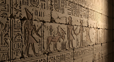Ancient Hieroglyphs:  Revealing the Mysteries of the Past. Intricate carvings adorning an ancient wall, bathed in soft light, unveil the rich history and artistry of a bygone civilization.
