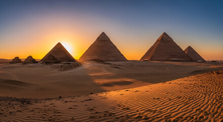 Ancient Pyramids at Sunrise: The sun's warm rays illuminate the iconic pyramids of ancient Egypt, casting long shadows across the desert sands, with a sense of wonder and history