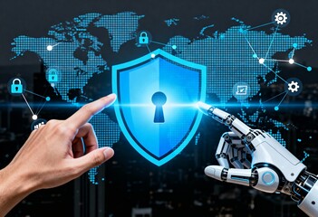 human and robot hands touching digital shield for global ai cybersecurity protection