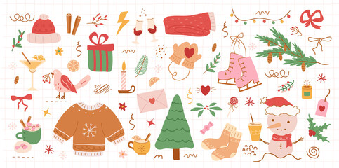 winter pattern, cute illustration.  tree, stars, dots, snow, simple  design. hand drawn doodles are isolated on a pink background. A trend concept for print, banner, social networks, poster. png art