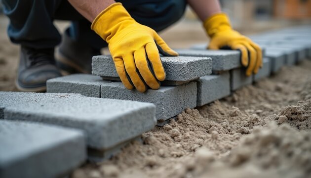 Worker in yellow gloves places grey concrete paving stones on sand foundation. Man builds new patio pavement. Creates durable pathway for exterior home improvement. Essential construction job