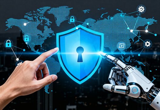 human and robot hands touching digital shield for global ai cybersecurity protection