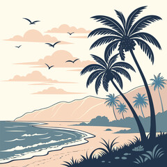 Tropical beach with palm trees, birds, and clouds in a vector illustration