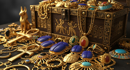 Ancient treasure chest: A beautifully detailed chest overflows with golden artifacts, intricate jewelry, and symbolic ornaments, hinting at the wealth and mystique of a forgotten era.