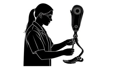  Precise Vector Silhouette of a Female Biomedical Engineer Adjusting a Prosthetic Limb 
