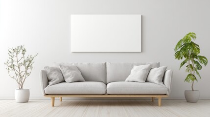 Fototapeta premium A cozy living space features a light gray sofa adorned with soft pillows surrounded by green plants.