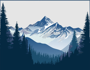 Breathtaking mountain vista with snowcapped peaks and evergreen forest in blue shade