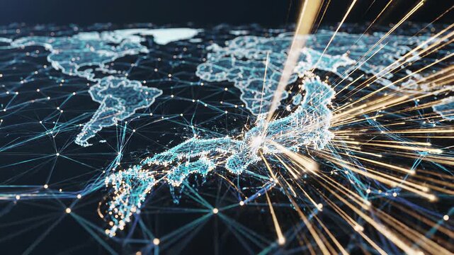 Global connectivity and digital innovation visualized through a kaleidoscope of lights, lines, and dots on a world map, ideal for marketing campaigns, tech startups, or innovative transportation.