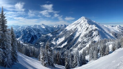 Majestic snow covered mountains stretch across the landscape under a clear blue sky.