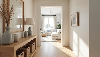 Fototapeta premium Bright hallway leads to spacious living room with large window overlooking ocean. Coastal decor uses neutral colors. Natural light fills home interior.
