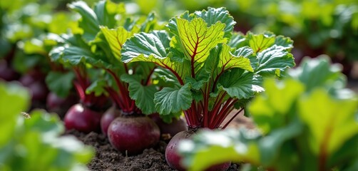 Rows of fresh beet plants grow in rich soil. Vivid green leaves with red stems and plump purple roots mature in a sunny garden. Organic roots ready for harvest.