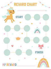 Reward card for children with cute unicorns, rainbows, hearts, stars, and bows