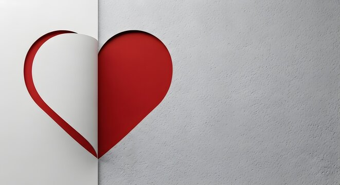 Red and white paper heart cutout on textured gray background
