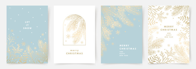 Merry Christmas greeting cards. Blue and white backgrounds with golden fir tree branches and snowflakes. Abstract holiday vector illustrations for poster, cover, advertisement, flyer, invitation