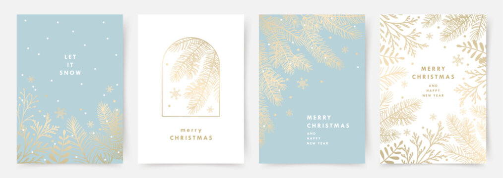 Merry Christmas greeting cards. Blue and white backgrounds with golden fir tree branches and snowflakes. Abstract holiday vector illustrations for poster, cover, advertisement, flyer, invitation