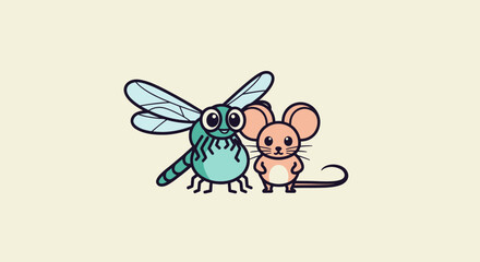 A teal dragonfly and a pink mouse stand together on a light beige background