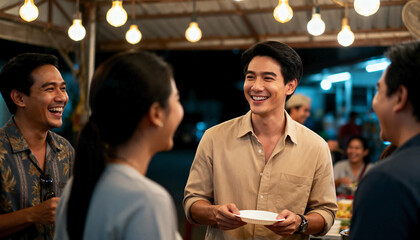 Happy group of Asian colleagues socializing at an outdoor restaurant at night. Young adult friends laughing and talking together at a food market party