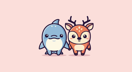 Adorable illustrated dolphin and deer holding hands. Pastel background