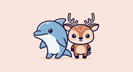 Fototapeta premium Cartoon illustration featuring a blue dolphin and a brown deer on a light background
