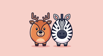 Two cute, rounded animal illustrations a deer with antlers, and a zebra with black stripes