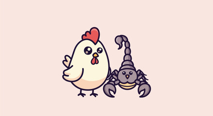 A cartoon chicken and scorpion stand side-by-side on a pink background