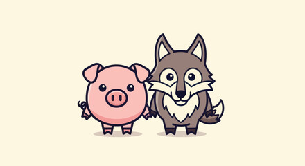 A pink pig and gray wolf cartoon, holding hands, on a light yellow background