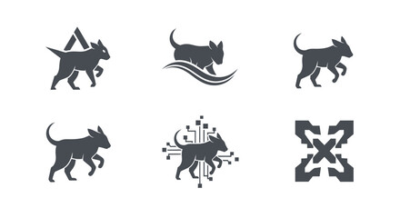 Set of six dog silhouette logos, each in various poses, with a minimalist design aesthetic
